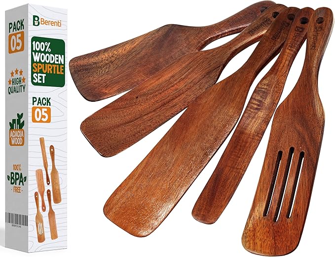 Wooden Spurtle Set – 5 Pcs Acacia Spurtle Spatula for Cooking - Natural Surtle Kitchen Tools for Nonstick Cookware, Salad Mixing, Serving & Stirring