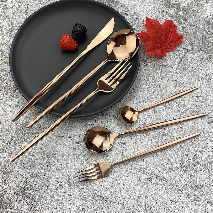 JASHII Silverware Set, Mirror Polished Copper Flatware Cutlery Set Service for 6, Shiny Finish 36 Pieces Stainless Steel Utensils Set Dinner Knife Fork Spoon Dessert Fork Salad Spoon Dishwasher Safe