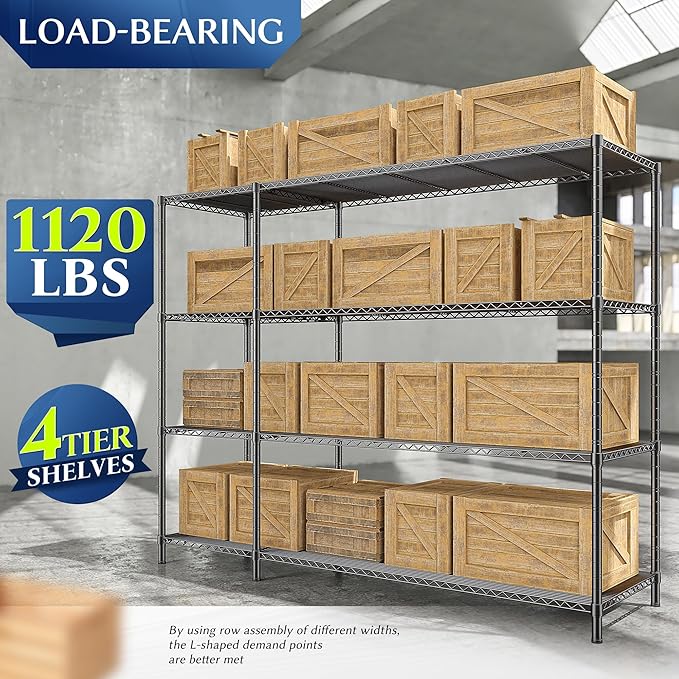 52.4W Wire Shelving Rack, 4Tier Metal Shelving Unit,1120LBS Heavy Duty Storage Shelves,Adjustable Pantry Shelves, Metal Shelf and Storage Rack,Industrial Shelving 52.4Wx13.8Dx59H,Black