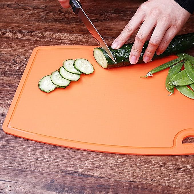 Liflicon Thick Silicone Cutting Board 12.6'' x 9.1'' Juice Grooves Easy Grip Handle Dishwasher Safe-Orange