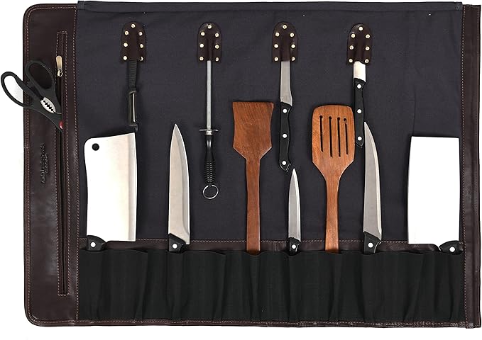 Leather Knife Roll Storage Bag, Elastic and Expandable 10 Pockets, Adjustable/Detachable Shoulder Strap, Travel-Friendly Chef Knife Case (Canvas, Cloud)