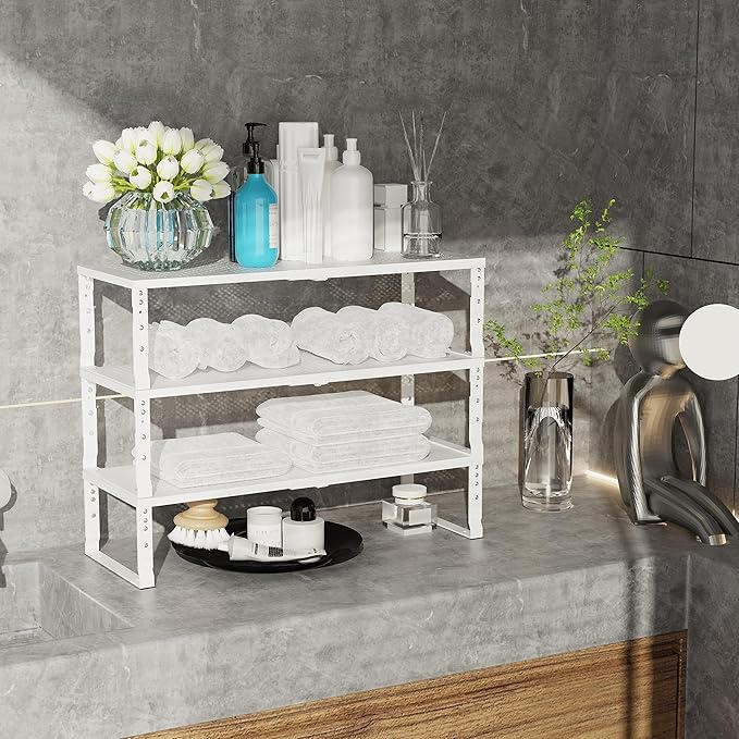 Expandable Adjustable Stackable Kitchen Organizer, Spice Rack,Metal Pantry Storage Shelves Racks,Counter Shelf for Cabinets, Countertop, Cupboard (1 Pack/Large/White)
