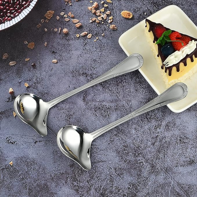 2 Pack Stainless Steel Saucier Drizzle Spoon with Spout Small Gravy Ladle, 7.87" Soup Spoons Kitchen Utensil Mirror Polish Drizzle Spoon for Chocolates, Gravies and Sauces, Silver