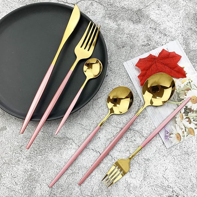 JASHII 18/10 Silver Silverware Set Stainless Steel Flatware Utensils Set Gold Cutlery Set| 36-Piece Modern Cubiertos Dorados| BEST Birthday Wedding Gift (6 Sets, Pink Handle Gold Mirror Polish)