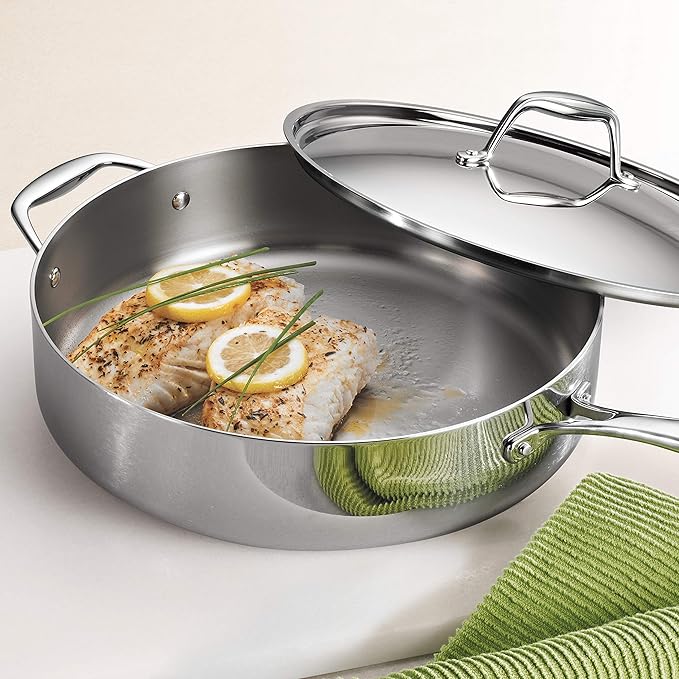 Tramontina Signature Tri-Ply Clad Stainless Steel 6-Quart Saute Pan with Lid, Induction-Ready Cooking Pan, Dishwasher-Safe, NSF-Certified, Made in Brazil