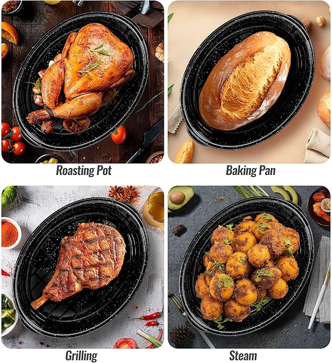 Roasting Pan with Lid & Rack 18 Inch Extra Large Deep Oven Baking Pot, Enamel Granite NonStick Oval Carbon Steel Potato Roaster Pot for Turkey Chicken Steak NonToxic Perfect for Christmas Party