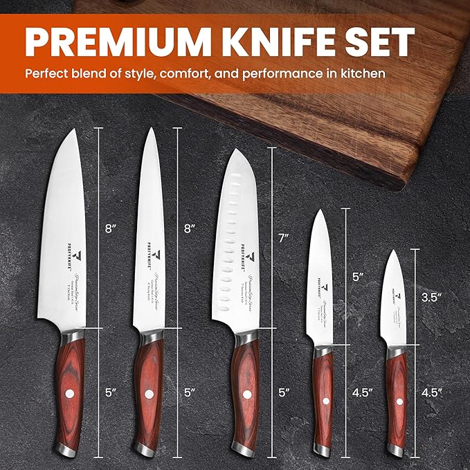 PrecisionEdge Ultra Sharp Japanese Chef Knife Set Professional Slice Cooking with Red Pakkawood Handles Japanese Kitchen Knives Sets without block Culinary Chef Knives (5PCs Knife Set)