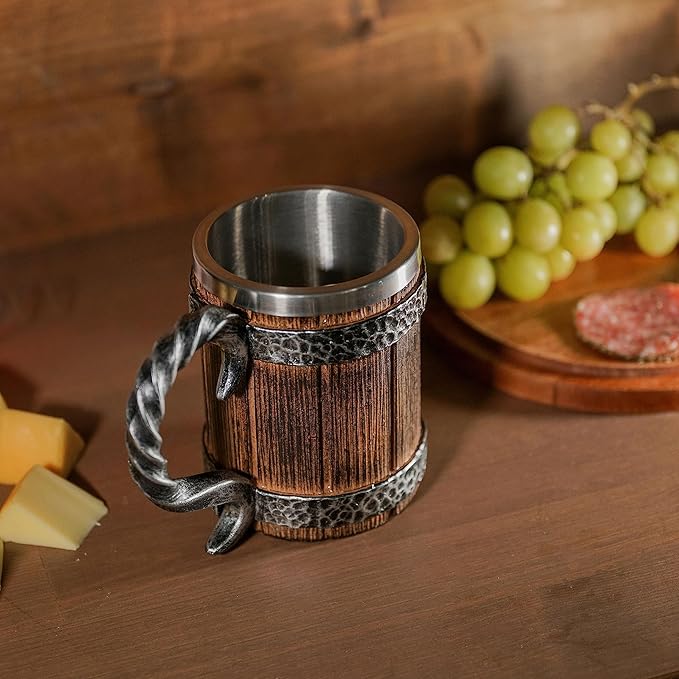 Norse Tradesman Stainless Steel Beer Tankard - 20 oz Tavern Style Mug for Hot or Cold Drinks - Imitation Wood & Iron