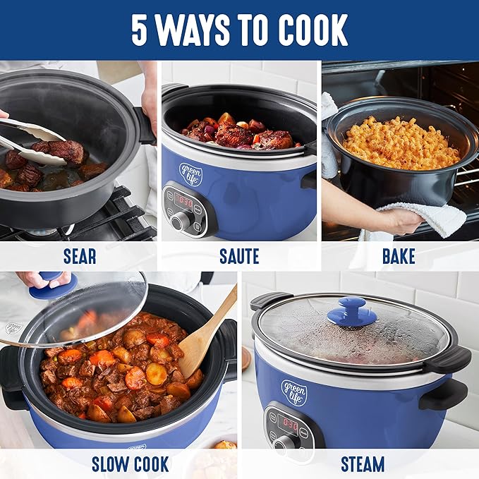 GreenLife 6QT Slow Cooker, Non-Toxic PFAS-Free Ceramic Nonstick Removable Interior Bowl, Programmable, Family Friendly, Keep Warm, Stovetop & Oven Safe, Dishwasher Safe Crock, Timer, Glass Lid, Blue