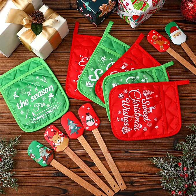 Yaomiao 12 Pcs Christmas Pot Holders with Silicone Spatula Set Wooden Handles Pot Holders for Christmas Kitchen Utensils xmas Baking Gifts for Neighbor Cooking Essentials(Cute)