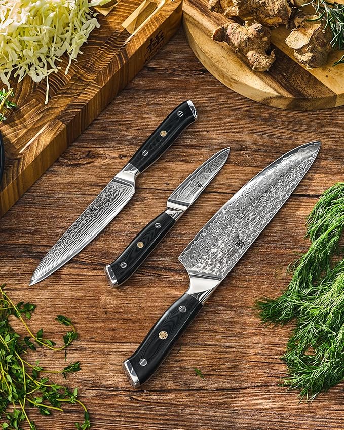 KYOKU Knife Set, Shogun Series 3pc Japanese Style Kitchen Knife Set, 8" Chef 3.6" Paring 6" Utility Knife with Sheath Gift Box, Professional Sharp Damascus Stainless Steel Knives for Meat Vegetable