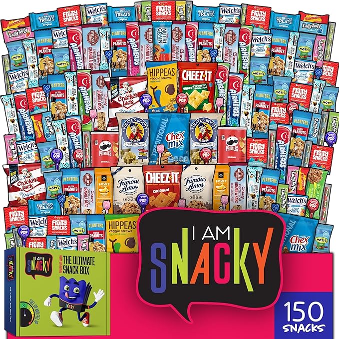I AM Snacky - Holiday Christmas Stocking Stuffers, Snack Box Variety Pack Care Package + Greeting Card - SNACKY'S CELEBRATION CRATE (150 Count) Xmas Birthday Sweet Treats Gift Basket, Candies Chips