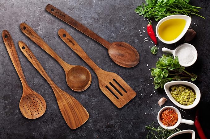 StarBlue Acacia Wooden Utensils Set 6 Pcs - Non-Scratching Durable Natural Wood Cooking Spatulas & Spoons for Nonstick Cookware with Holder