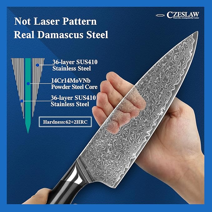 Chef Knife - 8 Inch kitchen knife, Japanese Damascus Chefs Knife, Professional Sharp Forged Black Japanese Damascus Cooking Knife, Full Tang, Ergonomic ABS Handle Design