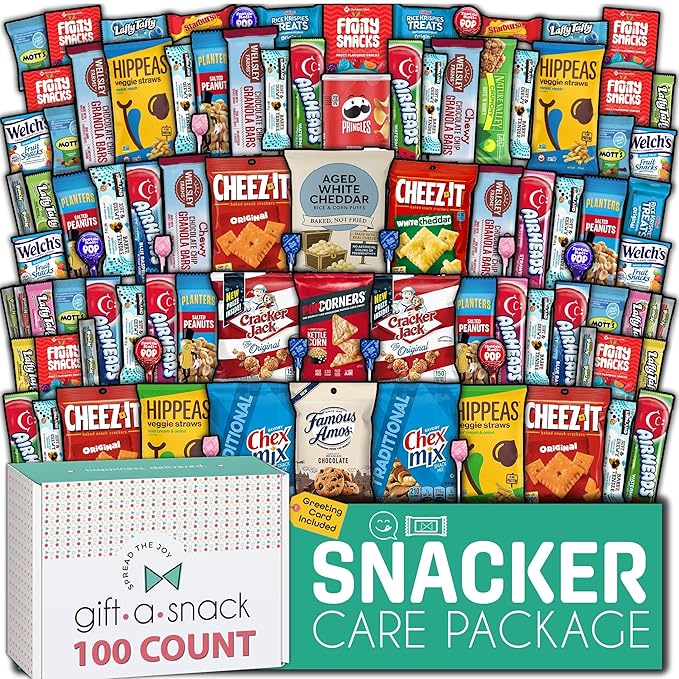 Gift A Snack - Holiday Christmas Stocking Stuffers, Snack Box Variety Pack Care Package + Greeting Card (100 Count) Xmas Birthday Sweet Treats Gift Basket, Candies Chips Crackers Bars
