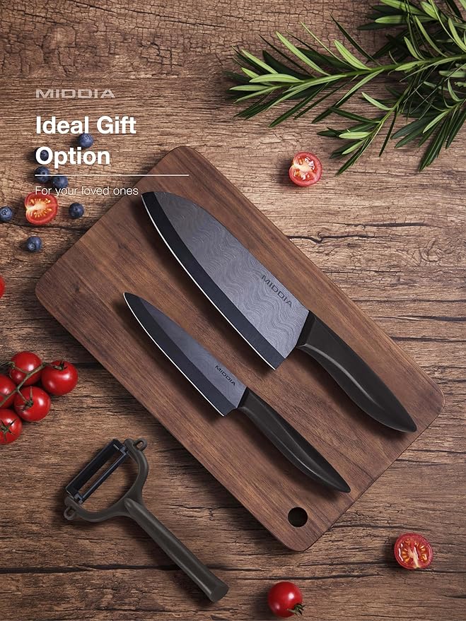 Kitchen Knife Set with Peeler (3 Pieces), includes 5" Santoku Knife, 4.5" Paring Knife, Fruit and Vegetable Peeler, Ceramic Blades with Ergonomic Handle, Black Blade