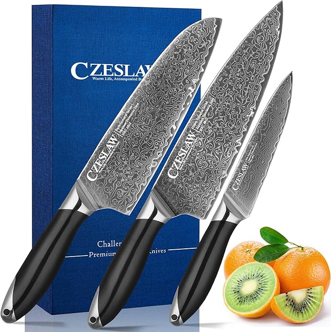 Knife Set 3 Piece, Japanese Damascus Kitchen Knife Set, Professional Sharp Black Cooking Chef Knife, Use Premium Damascus Steel Forge, With Ergonomic ABS Handle