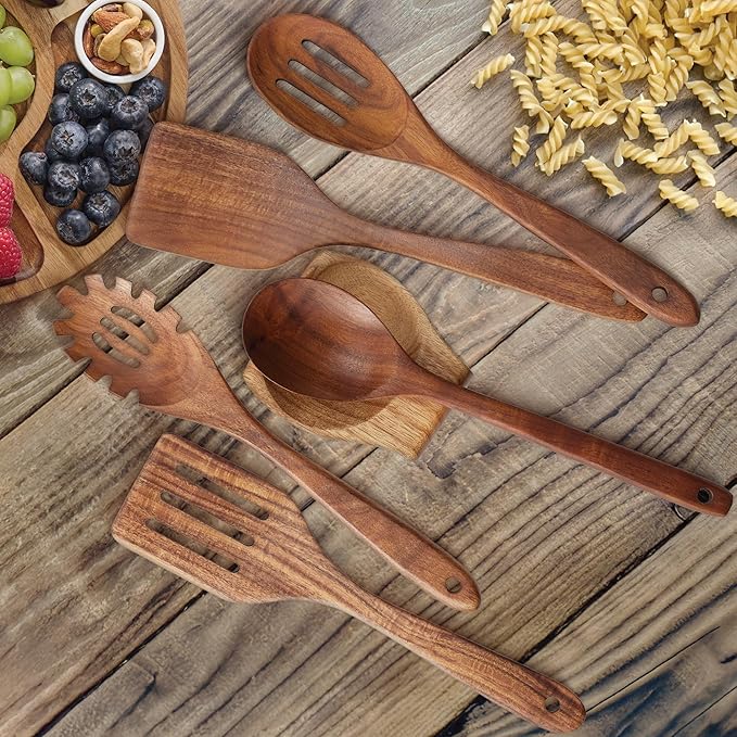 OOZi Wooden Spoon for Cooking Set – Premium 6-Piece Acacia Wooden Utensil Set with Spoon Rest, Nonstick Safe Spoons & Spatulas for Stirring, Serving, Tossing Salad & Kitchen Gifts