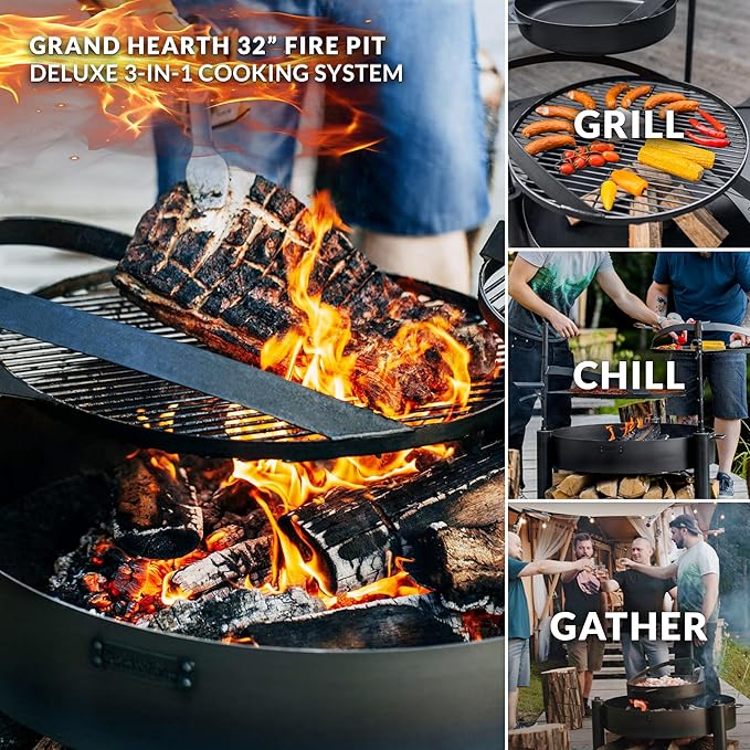 Grand Hearth 32" Cooking Fire Pit, Deluxe 3-in-1 Grill Plate, Griddle Skillet Set, Rods, Frying Pan Set, Backyard BBQ Grilling Campfire, Handcrafted, Large Outdoor Steel Firepit by Good Directions