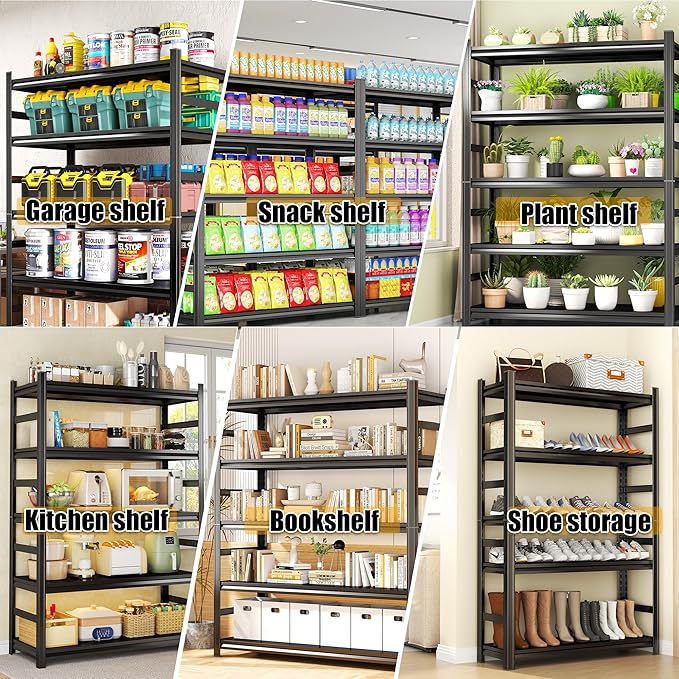 Storage Shelves, Garage Metal Shelving Unit, Adjustable, Double-Layer Column with Reinforced Ribs, Heavy-Duty, Capable of Bearing 600-3600 lbs (Black, 47''W*24''D*63''H, 5-Tier)