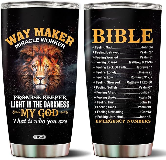 Christian Tumbler Gifts for Christians on Christmas Birthday Valentines 20 Oz Stainless Steel Lion Religious Coffee Mug Travel Cup Gift For Men Women Bible Emergency Numbers Mugs