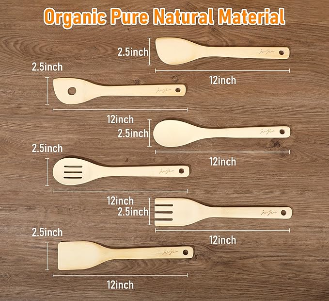 Wooden Spoons & Spatulas 6-Piece Bamboo Kitchen Utensil Set - Natural Material Scraper & Strainer Cooking Tools