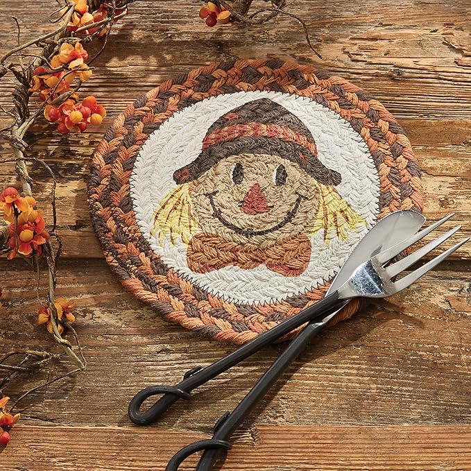 Park Designs Scarecrow Printed Trivet Set of 6 | 8" x 8” Round Braided Cotton Heat Resistant Hot Pads | Rustic Farmhouse Fall Dining Decor | Woven Tabletop Protectors for Pots, Pans & Thanksgiving