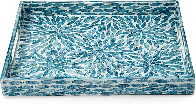 CLAYNIX Serving Tray 15.7" X11.8", Lacquer Mother of Pearl Inlay Mosaic Tray, Rectangle Wooden Marble Tray with Handles Trays for Tea, Breakfast in Bed, Table (Flower Style)