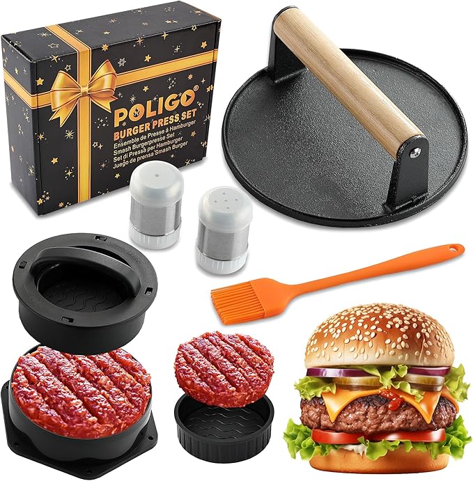 POLIGO Smash Burger Press Kit - 4 in 1 Hamburger Patty Storage Containers,6.69" Round Cast Iron Smash Bacon Press- Non Stick Smash Burger Press Set for Grill and Griddle Cooking