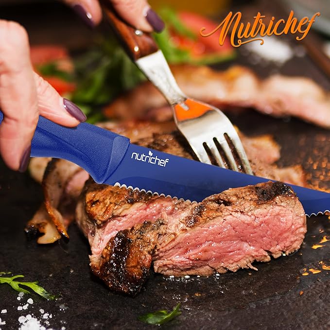NutriChef SereneLife Stainless Steel Knife Set, 8 Pcs. - Non-Stick Coating, Sharp Serrated Blades, Professional Kitchen Set, Rust-Resistant, Dishwasher Safe, Ideal for BBQ & Grilling, Blue