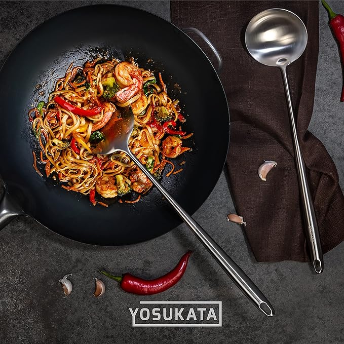 YOSUKATA Silver Round Bottom Wok Pan – 14" Woks and Stir Fry Pans + 17’’ Wok Spatula and Ladle - Set of 2 Heat-Resistant Wok Tools - Universal Wok Ladle Flat Bottom Pow Wok