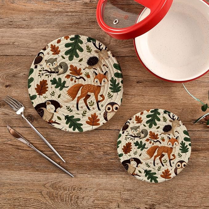 Woodland Leaves Cute Forest Animals Kitchen Trivets Pot Holders Set of 2, Trivets for Hot Pots Dishes Woven Trivet Coaster Pad Mat for Counter