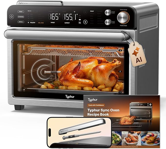 Typhur Sync Oven with Smart Wireless Meat Thermometer Probe, 12‑in‑1 Countertop Air Fryer Toaster Oven Combo, 360° Turbo Convection, Dehydrator, Recipes & 5 Accessories, Large 27QT, Stainless Steel