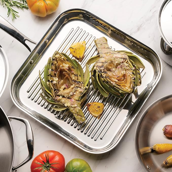 Tramontina Signature Tri-Ply Clad Stainless Steel 11-Inch Square Grill Pan, Induction-Ready, Dishwasher-Safe, NSF-Certified, Made in Brazil