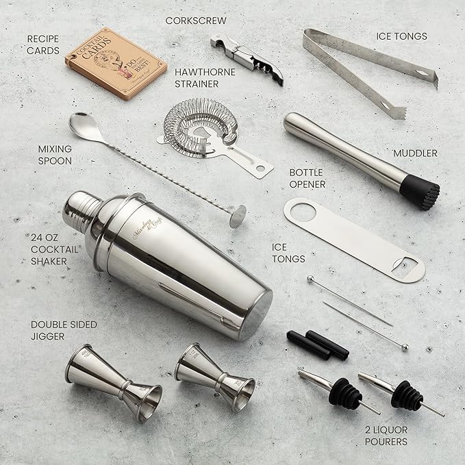 Mixology & Craft Bartender Kit: 14-Piece Professional Cocktail Shaker Set, Martini Shaker Set with Complete Bar Kit with Muddler & Jigger- Exclusive Cocktail Recipes Bonus