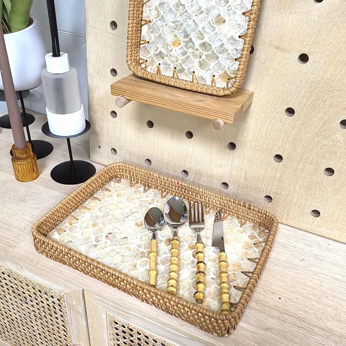 i-lan 2-Piece Rectangular Rattan Serving Trays with Mother of Pearl Inlay, 13" & 11.5" Decorative Storage Trays for Home Organization, Entertaining, and Tabletop Display