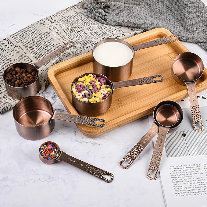 Copper Measuring Cups and Spoons Set 20 for Kitchen & Baking, Metric & US Stainless Steel Measuring Cups and Spoons with Leveler for Dry & Liquid, 8 Copper Plated Measure Cup & 9 Spoon