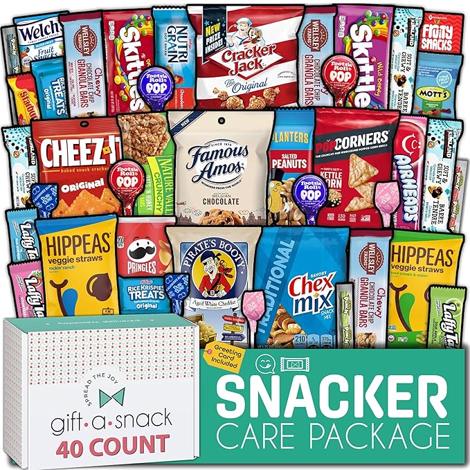 Gift A Snack - Holiday Christmas Stocking Stuffers, Snack Box Variety Pack Care Package + Greeting Card (40 Count) Xmas Birthday Sweet Treats Gift Basket, Candies Chips Crackers Bars