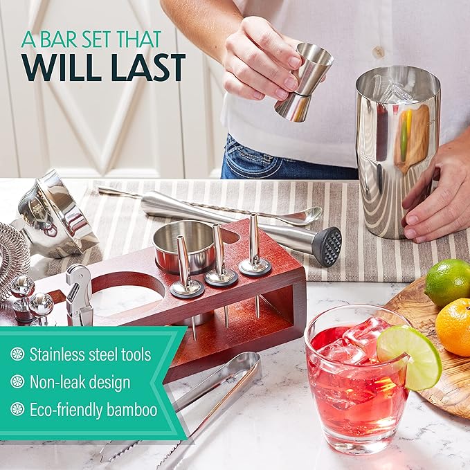 Modern Mixology 21-Piece Cocktail Shaker Set with Stand, Bartender Kit for Home Bar Accessories: 24oz Martini Shaker, Jigger, Strainer, Bar Spoon, Tongs, Opener, Muddler (Silver, Dark Brown Stand)