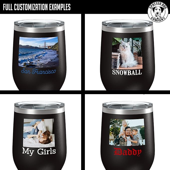 Personalized 12oz (17 Colors) Mother's Day Photo Printed Insulated Stainless Steel Powder Coated Stemless Wine Tumbler with Lid, Customized Gift Idea for Her, Custom Coach Gifts Team Mom Dad (Black)