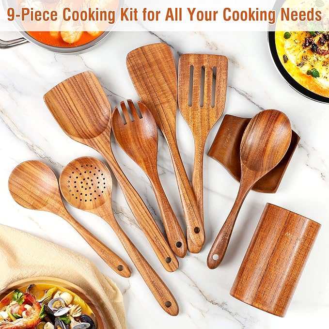 9pc Teak Wooden Utensils - Natural Teak Cooking Utensils with Premium Gift Box - Kitchen Gift Set