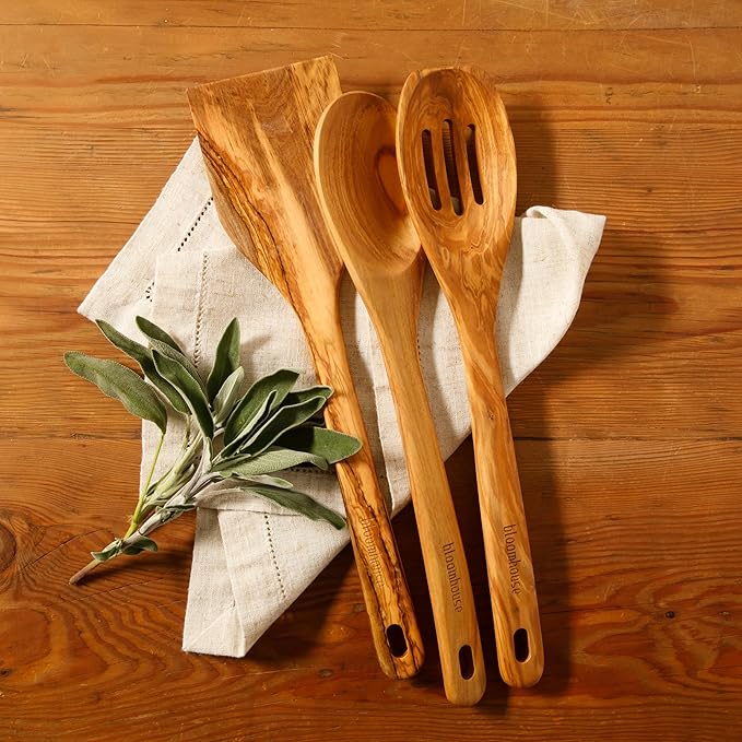 Bloomhouse Italian Olive Wood 3-Piece Kitchen Utensil Set – Extra-Large 14-Inch Turner, Spoon & Slotted Spoon, Durable Wooden Cooking Tools