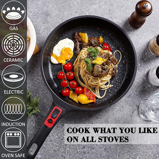 DIIG Nonstick Frying Pan Skillet with Silicone Lid, 10 Inch Saute Pan Omelet Sauce Red Cookware, Oven Safe Chef Pans for Cooking with Detachable Handle, Induction Gas All Stoves Compatible