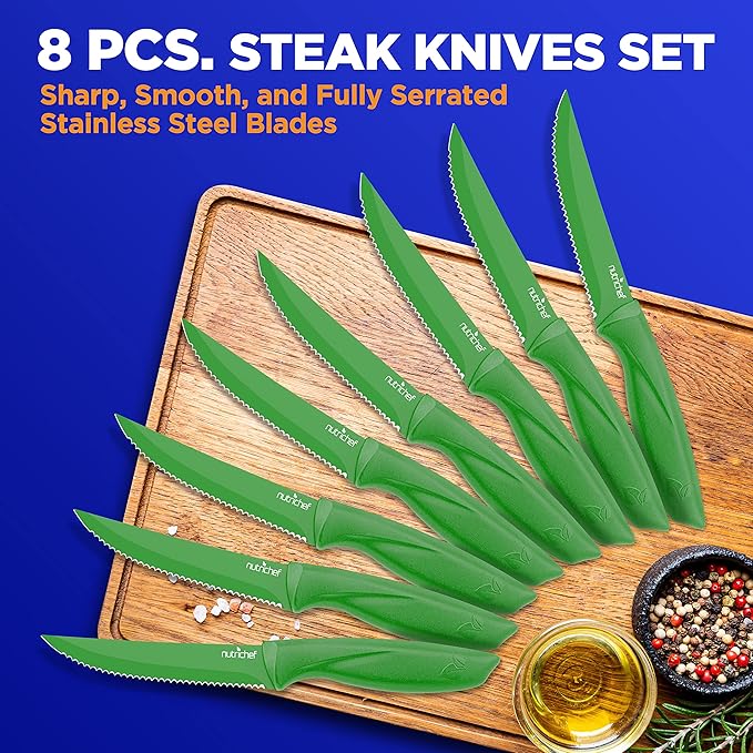 NutriChef SereneLife Stainless Steel Knife Set, 8 Pcs. - Non-Stick Coating, Sharp Serrated Blades, Professional Kitchen Set, Rust-Resistant, Dishwasher Safe, Ideal for BBQ & Grilling, Green