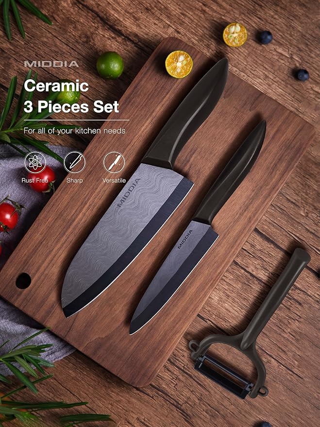 Kitchen Knife Set with Peeler (3 Pieces), includes 5" Santoku Knife, 4.5" Paring Knife, Fruit and Vegetable Peeler, Ceramic Blades with Ergonomic Handle, Black Blade