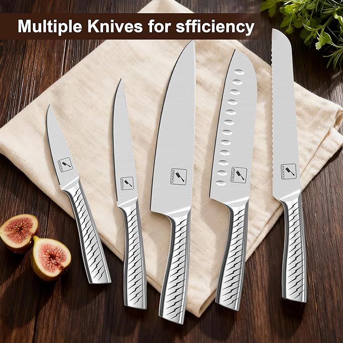 imarku 14-Piece Knife Set with Block, High Carbon Stainless Steel Kitchen Knives with Built-in Sharpener, Dishwasher Safe, Ergonomic Non-Slip Handle, Perfect for Home Cooks & Chefs, Brown