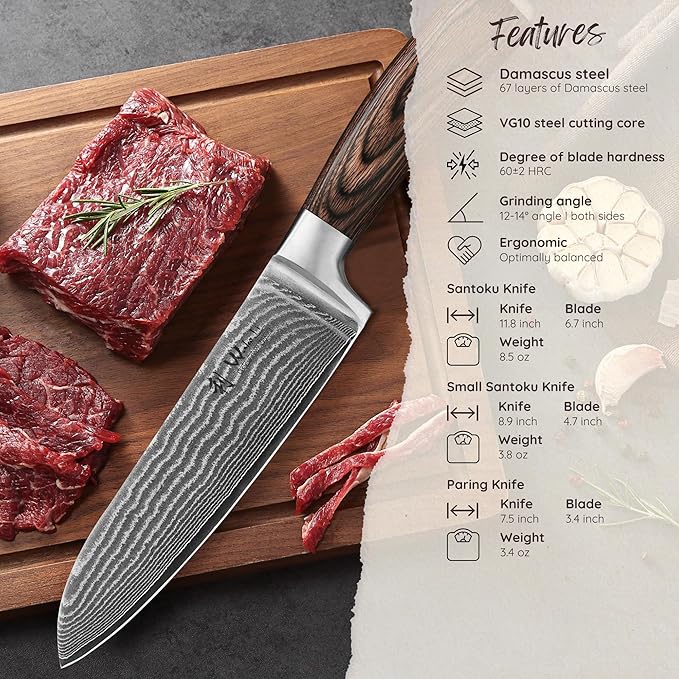 Wakoli EDIB 3-Piece Damascus Kitchen Knife Set in Wooden Gift Box – Sharp Knives Set made of Genuine Damascus Steel (VG10 Core) – Santoku, Small Santoku & Paring Knife – Ergonomic Pakkawood Handles