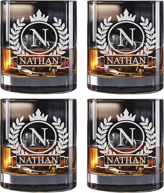 Personalized Whiskey Glass for Men, Custom Engraved Name & Initial Rocks Glasses, 11oz, Barware for Men, Father’s Day Gifts - Set of 4