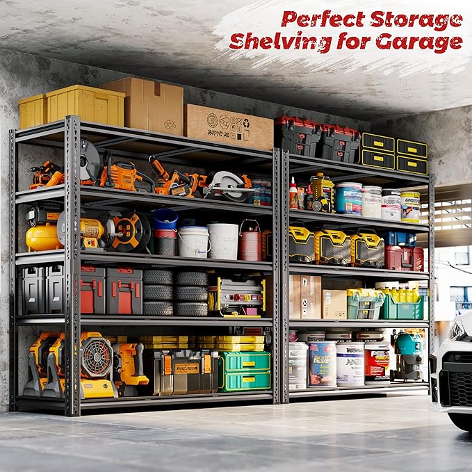 48"W Garage Shelving, 3050LBS Storage Shelves Heavy Duty, 5 Tier Metal Shelving Unit Adjustable Garage Shelves Heavy Duty Shelving for Warehouse,Commercial, Kitchen, 48" W × 18" D × 72" H, Black