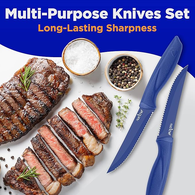 NutriChef SereneLife Stainless Steel Knife Set, 8 Pcs. - Non-Stick Coating, Sharp Serrated Blades, Professional Kitchen Set, Rust-Resistant, Dishwasher Safe, Ideal for BBQ & Grilling, Blue